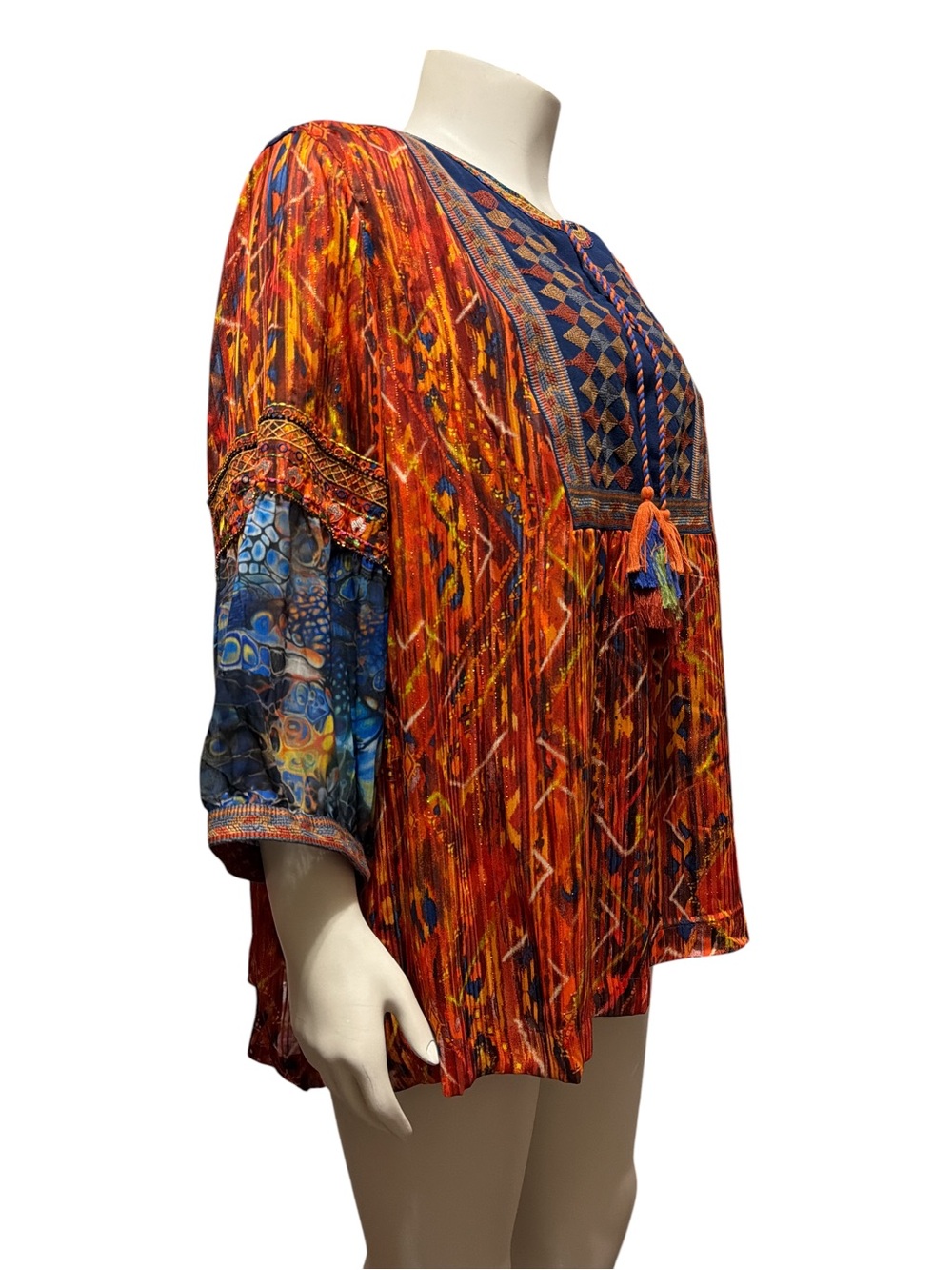 John Mark Autumn Hues Boho Tunic Top Plus 2X Ikat Print Embroidered Tassel Tie - Picture 5 of 13